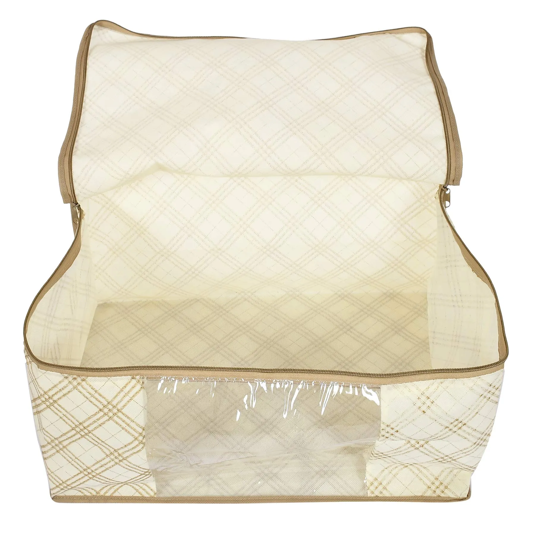 Kuber Industries Metalic Checkered Print Non-woven Foldable Saree Cover|Storage Bag/Wardrobe Organizer|Zipper Closer With Transparent Window|Size 46 x 32 x 22 CM|Pack of 3 (Ivory)-KUBMART16504, cotton