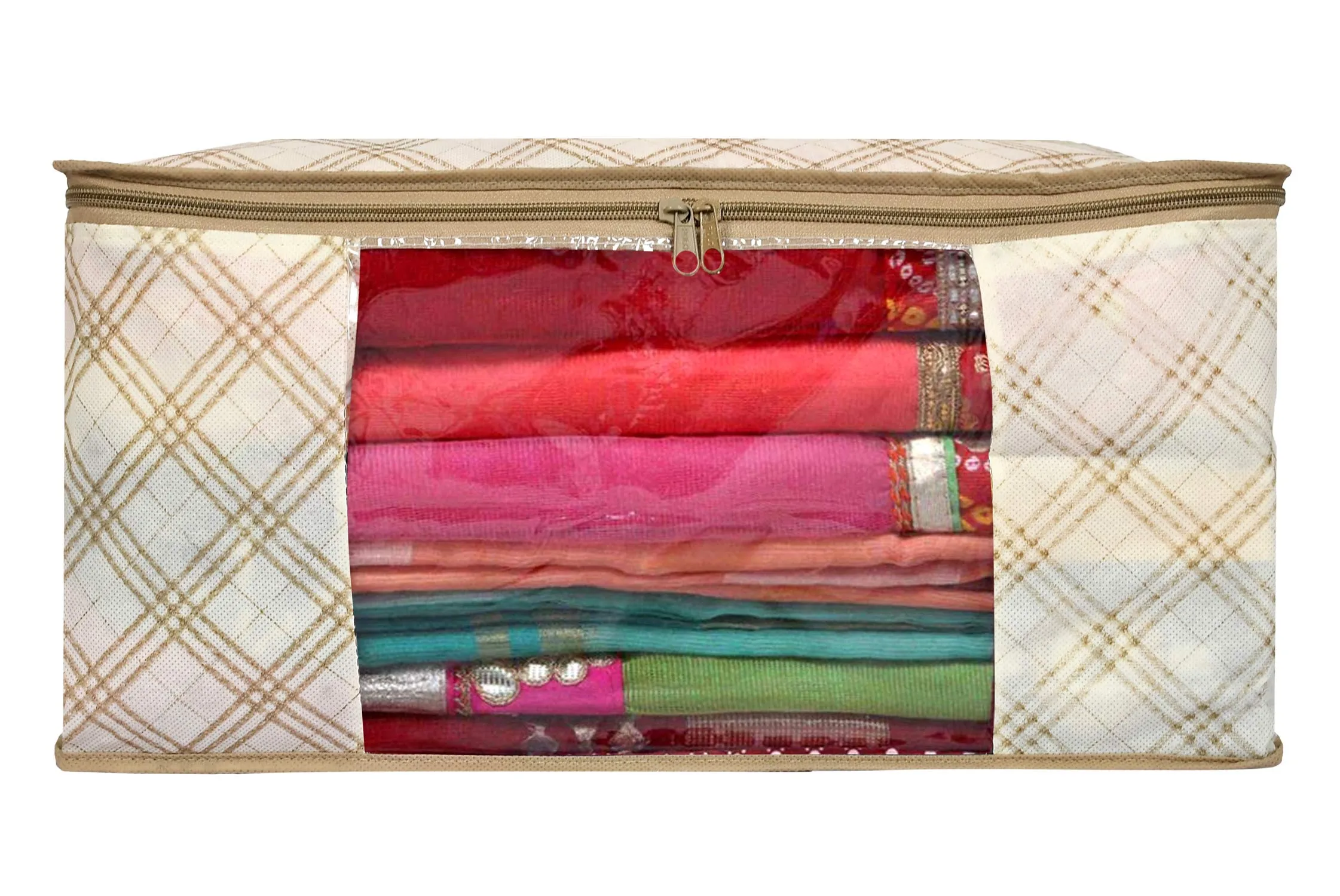 Kuber Industries Metalic Checkered Print Non-woven Foldable Saree Cover|Storage Bag/Wardrobe Organizer|Zipper Closer With Transparent Window|Size 46 x 32 x 22 CM|Pack of 3 (Ivory)-KUBMART16504, cotton