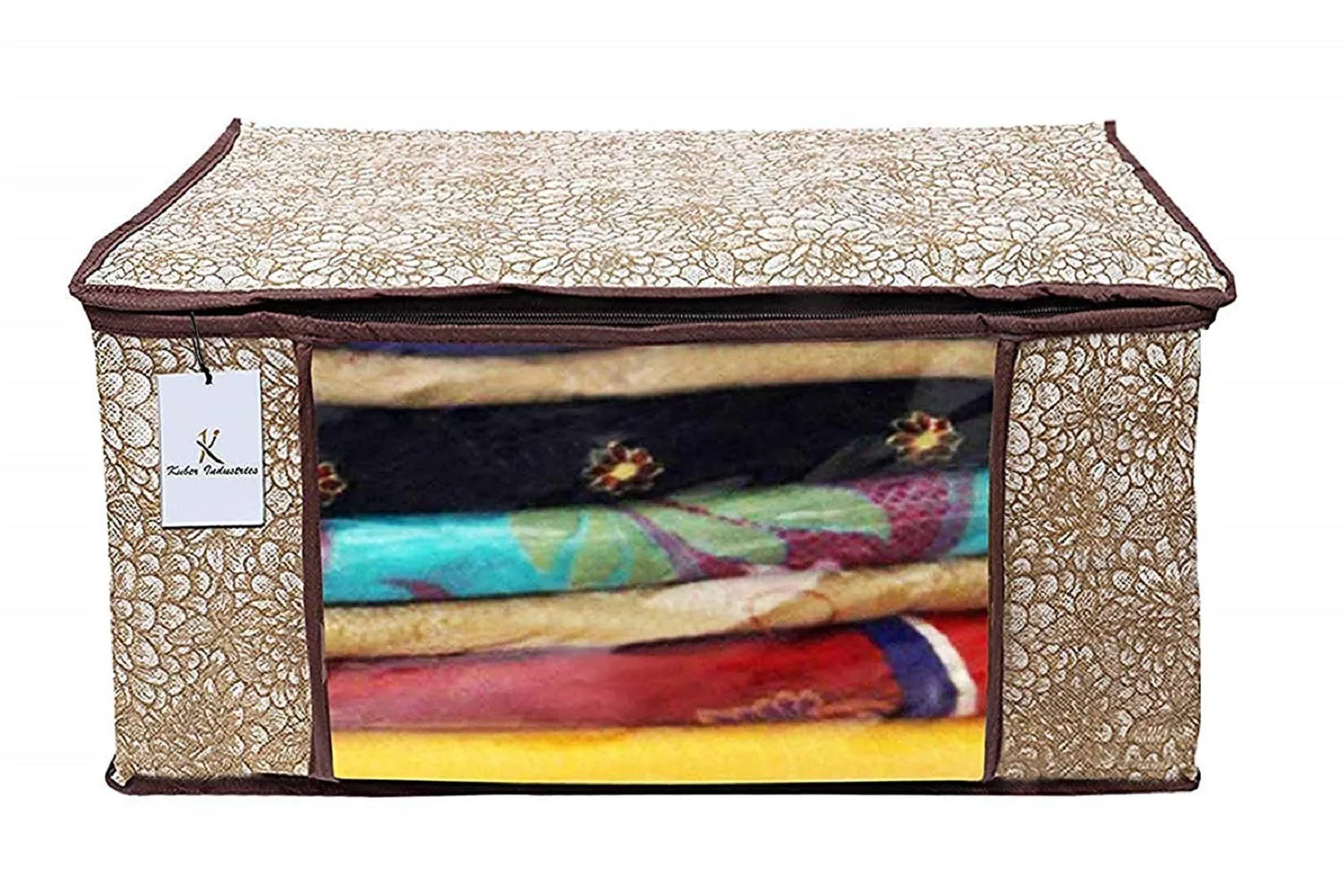 Kuber Industries Metallic Printed Non Woven 3 Pieces Saree Cover and 3 Pieces Underbed Storage Bag, Cloth Organizer for Storage, Blanket Cover Combo Set (Gold & Brown) -CTKTC038600