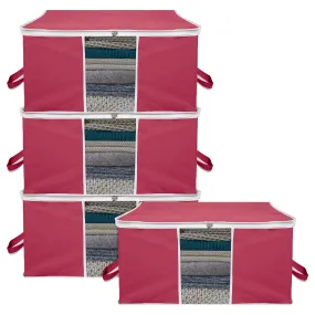 Kuber Industries Underbed Storage Bag | Clothes Storage Organizer | Blanket Cover with Clear Window | Zipper Closure & Handle Cloth Organizer | Plain White Border | Large | Pack of 4 | Maroon