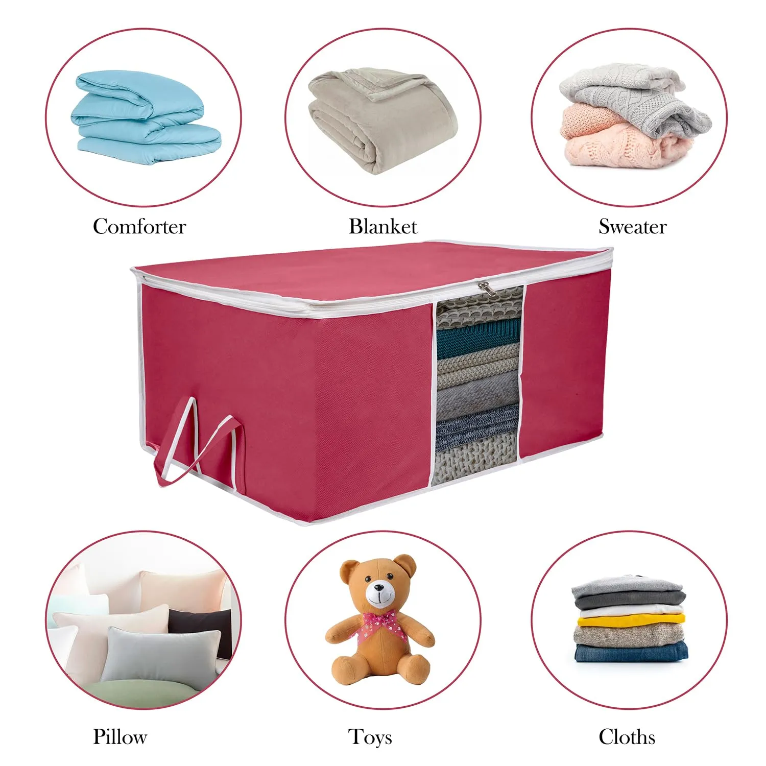 Kuber Industries Underbed Storage Bag | Clothes Storage Organizer | Blanket Cover with Clear Window | Zipper Closure & Handle Cloth Organizer | Plain White Border | Large | Pack of 4 | Maroon