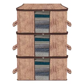 Kuber Industries Underbed Storage Bag | Clothes Storage Organizer | Blanket Cover with Clear Window | Zipper Closure & Handle Cloth Organizer | Wooden Texture-Design | Large | Pack of 3 | Brown