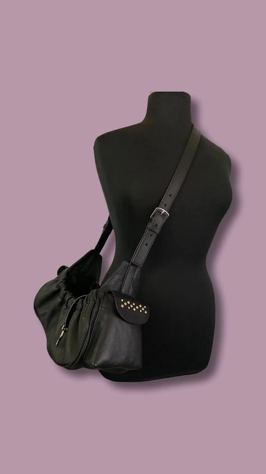 Leah Leather Sling Carrier with Crystal Cluster on Pocket Flap