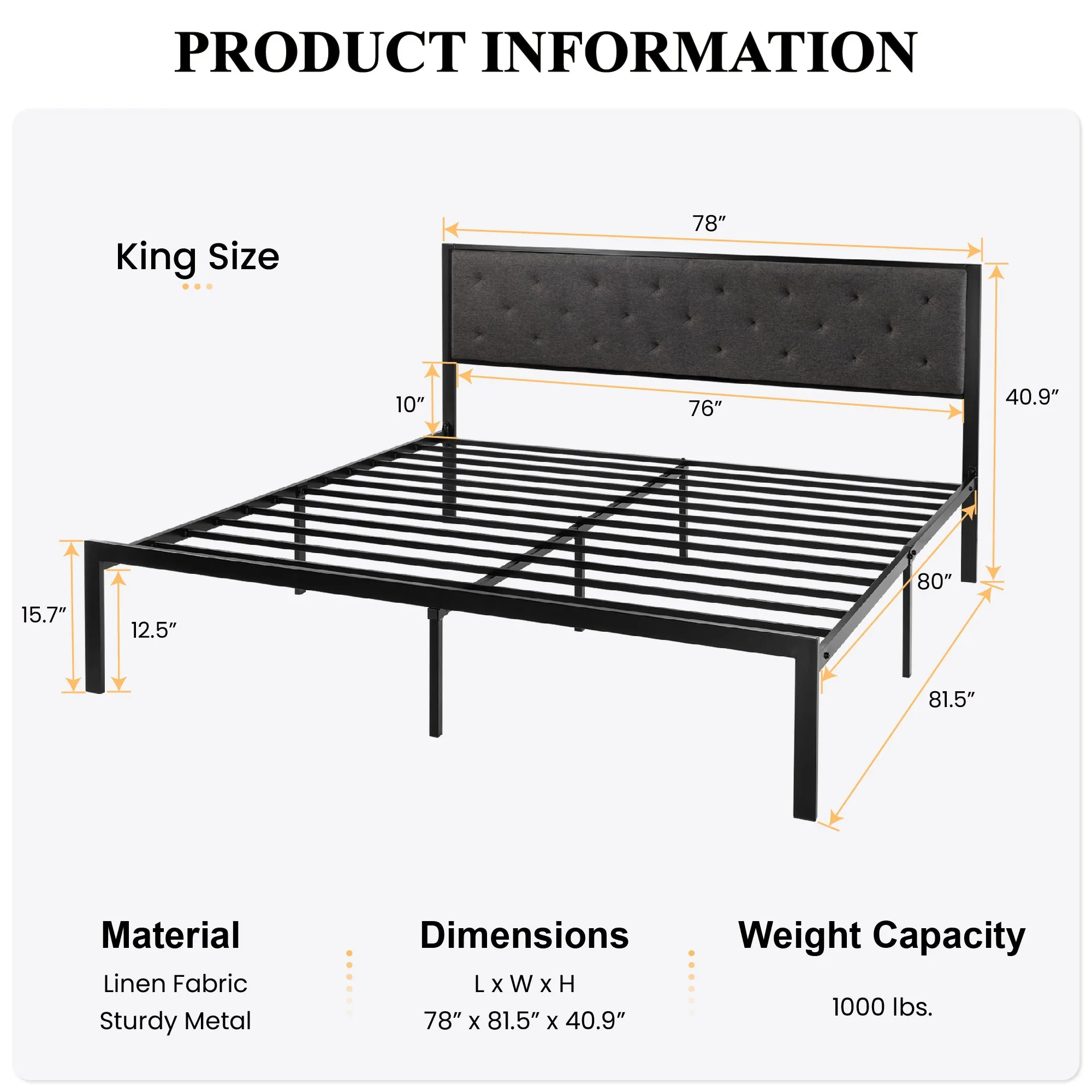 Metal Bed with Headboard, Strong Steel Slats Support