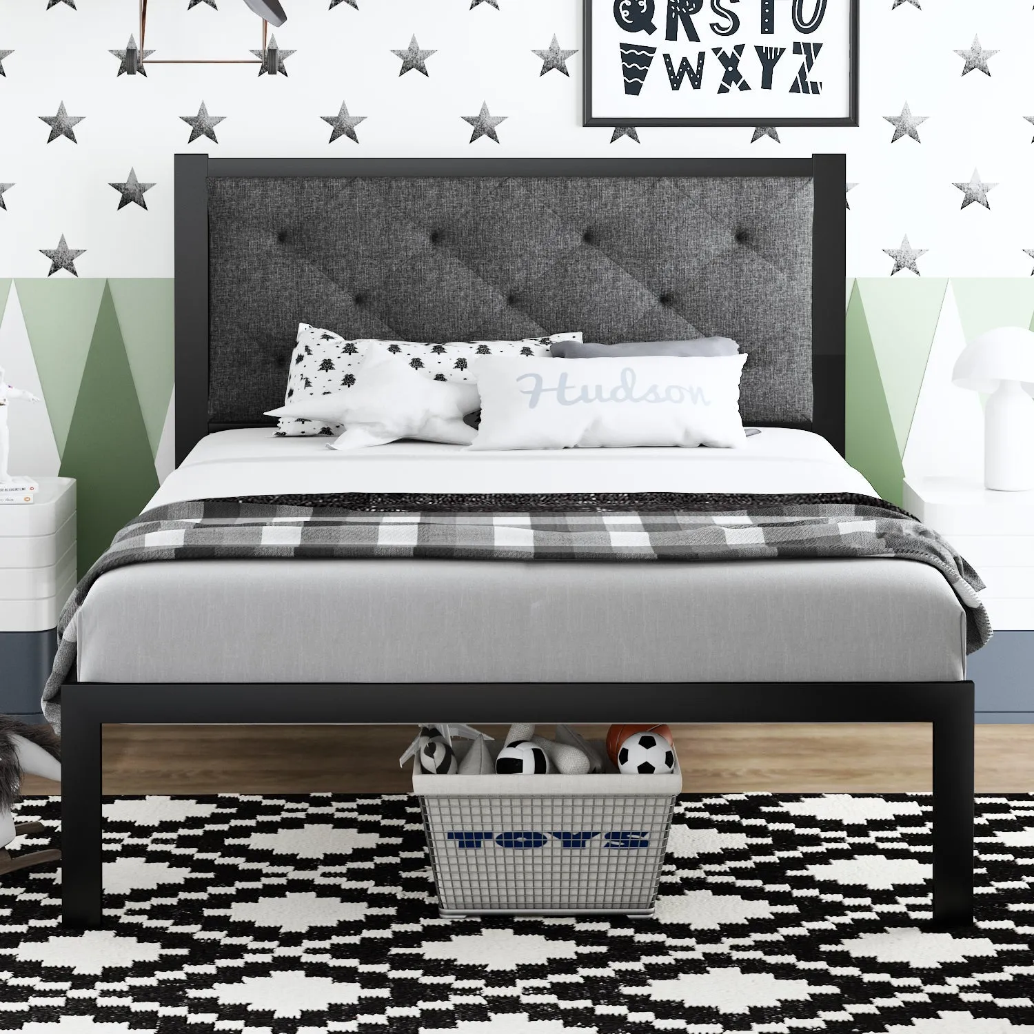 Metal Bed with Headboard, Strong Steel Slats Support