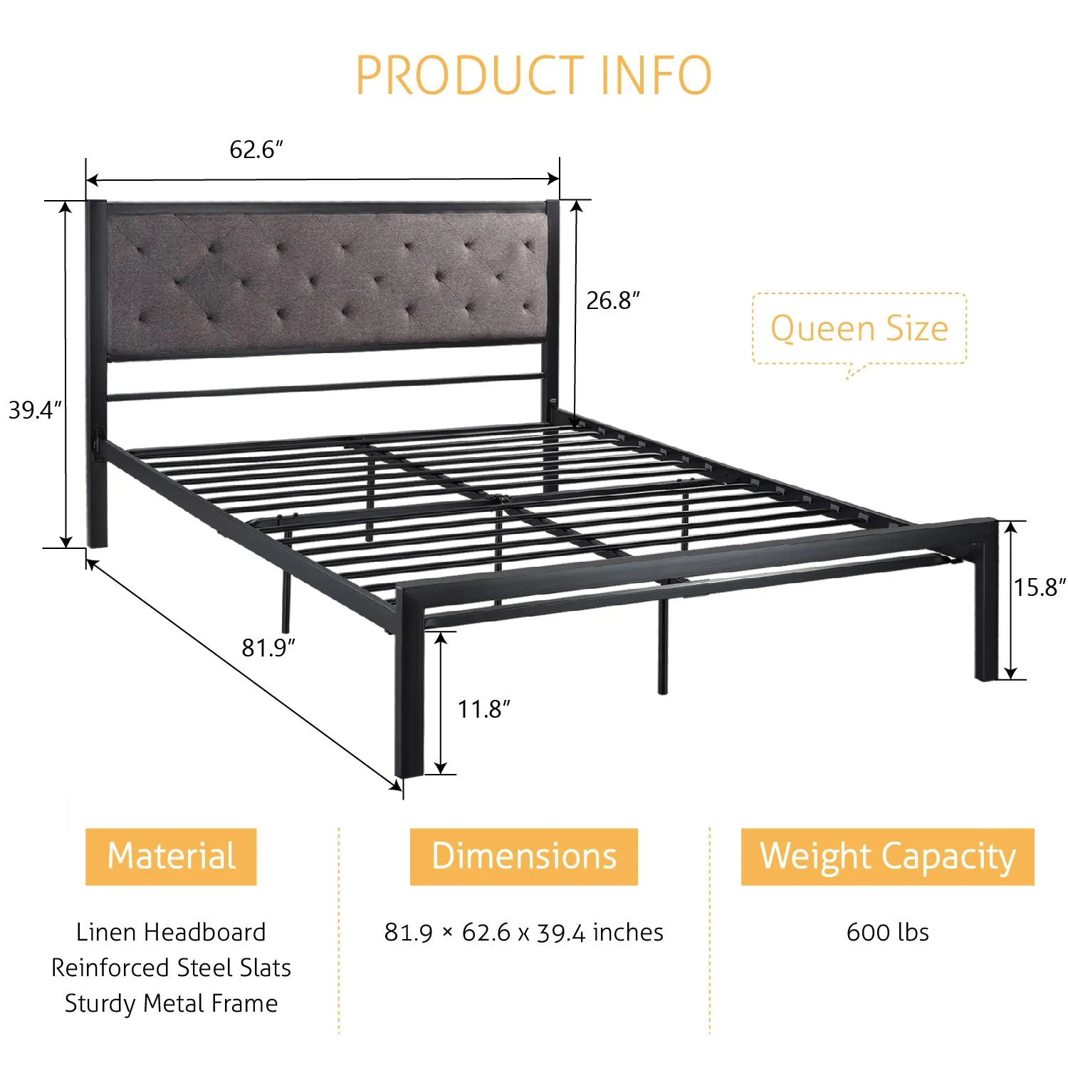 Metal Bed with Headboard, Strong Steel Slats Support