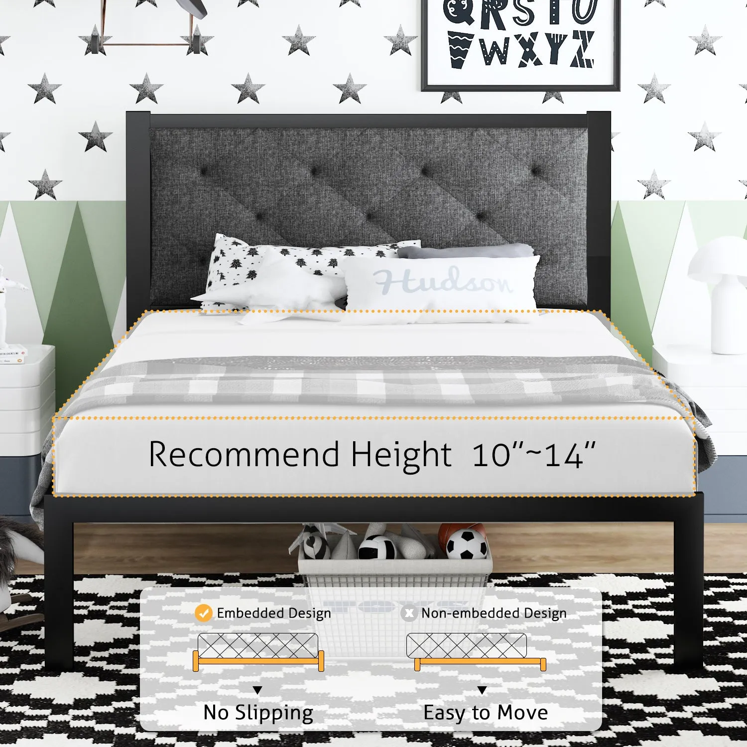 Metal Bed with Headboard, Strong Steel Slats Support