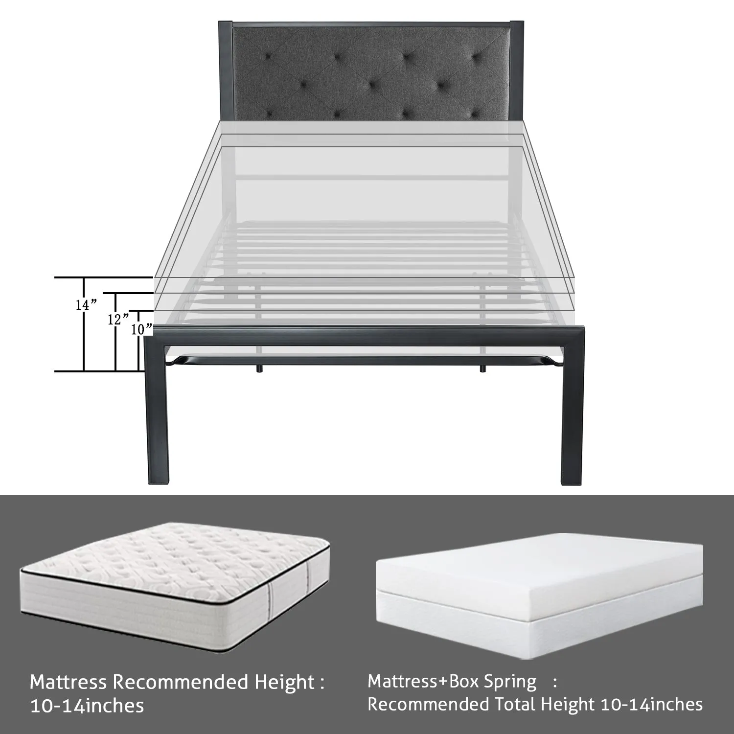 Metal Bed with Headboard, Strong Steel Slats Support