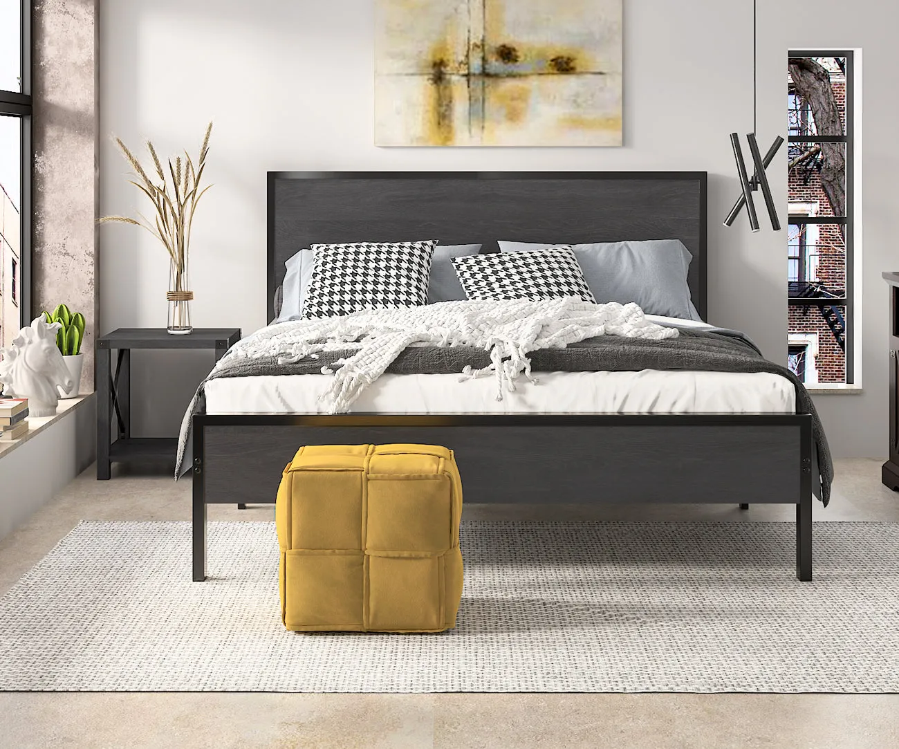 Metal Platform Bed Frame with Wood Headboard and Footboard