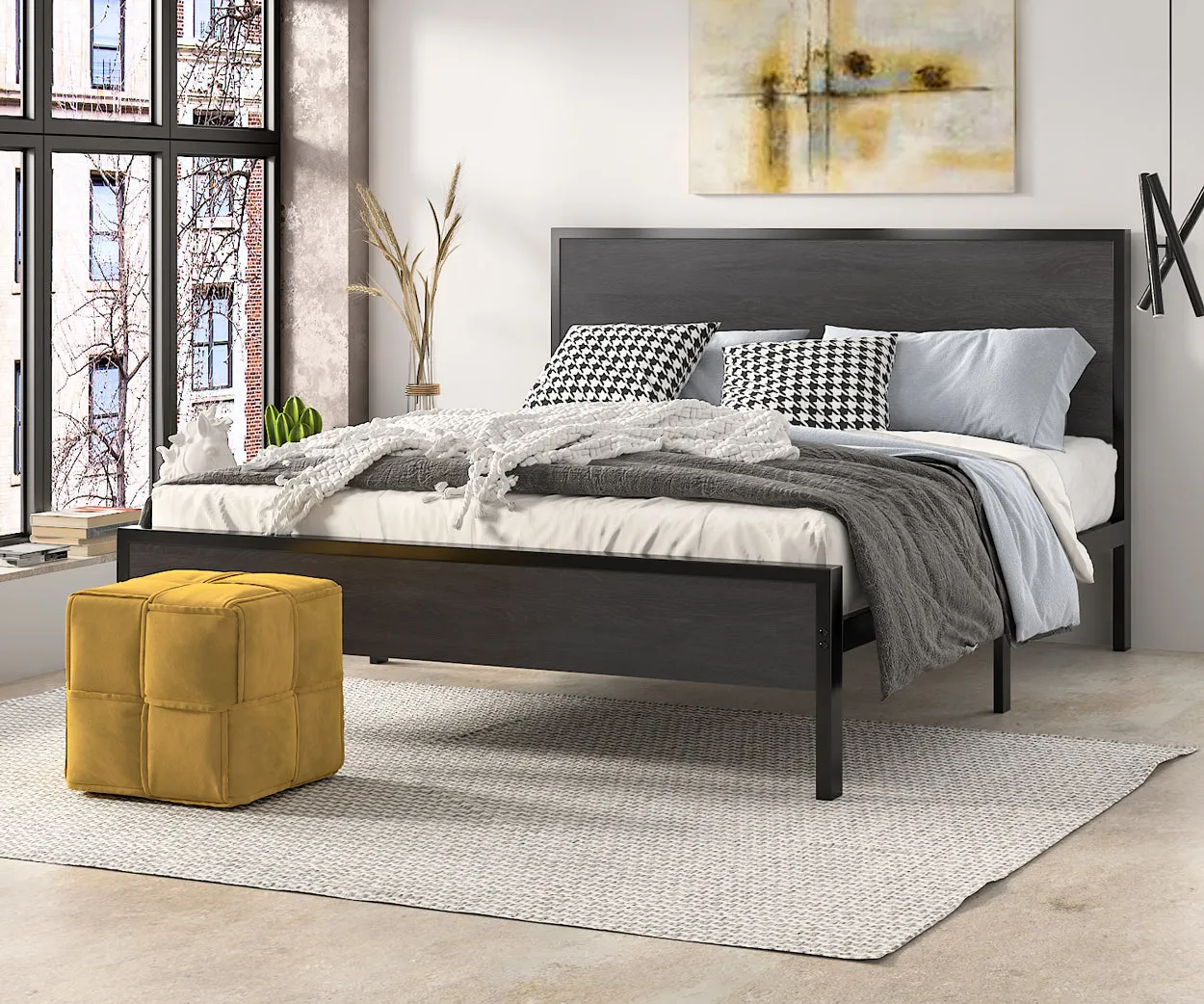 Metal Platform Bed Frame with Wood Headboard and Footboard