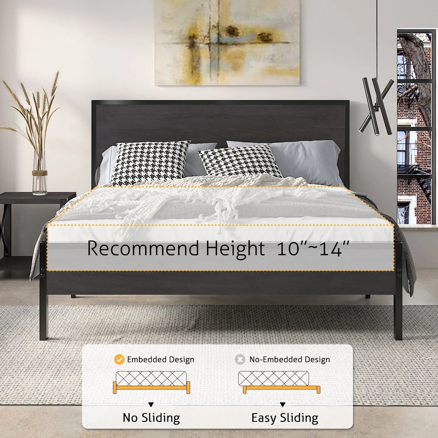 Metal Platform Bed Frame with Wood Headboard and Footboard