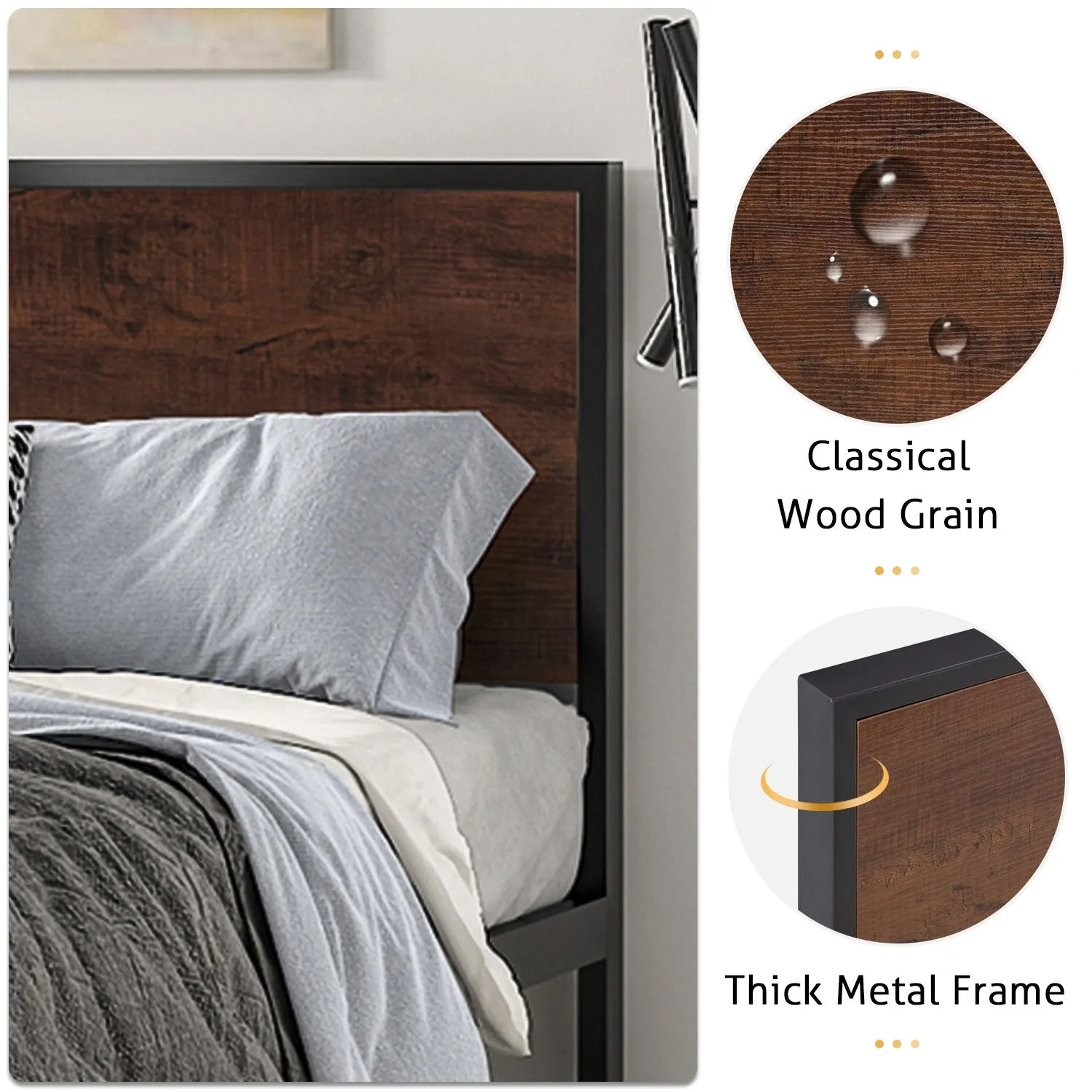 Metal Platform Bed Frame with Wood Headboard and Footboard