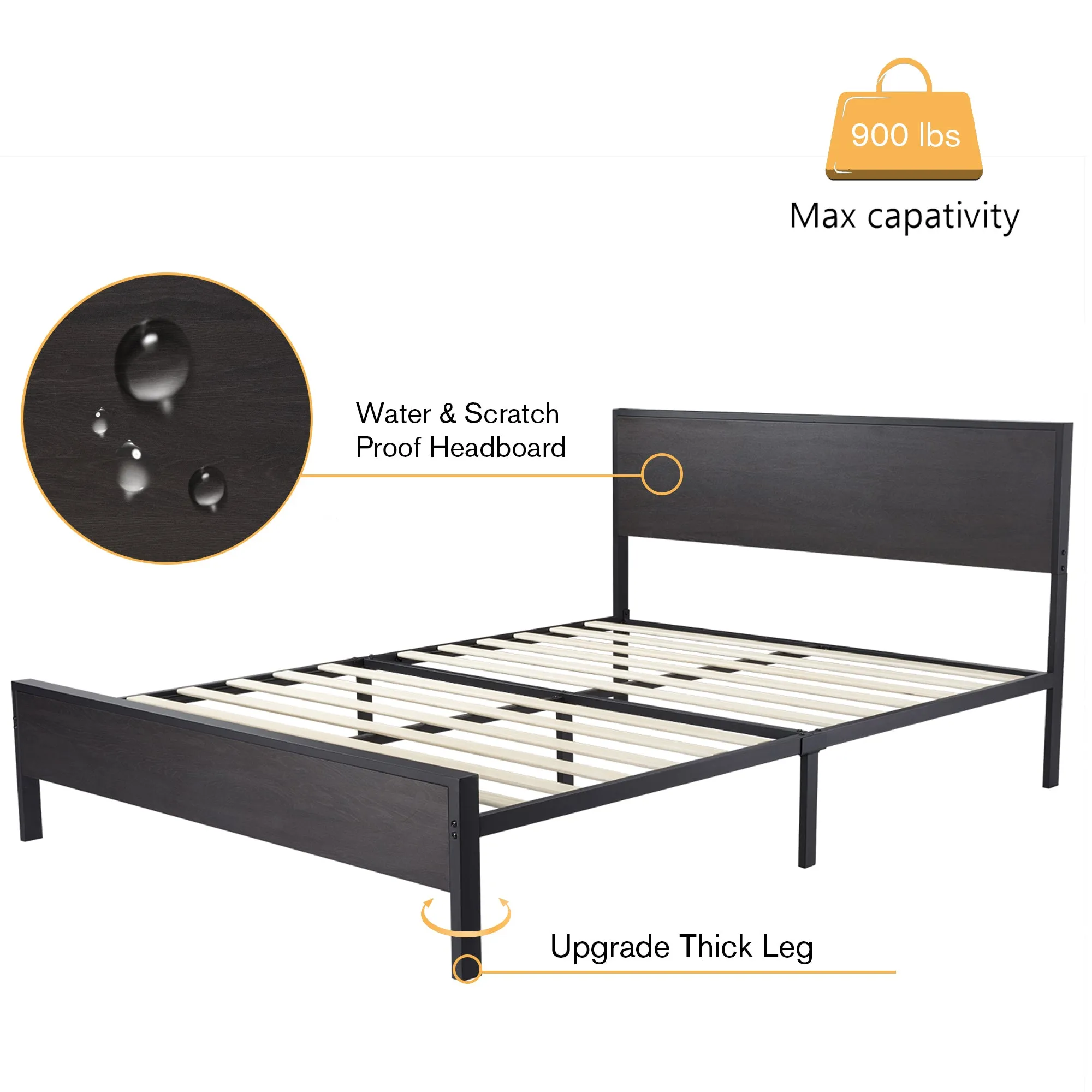 Metal Platform Bed Frame with Wood Headboard and Footboard