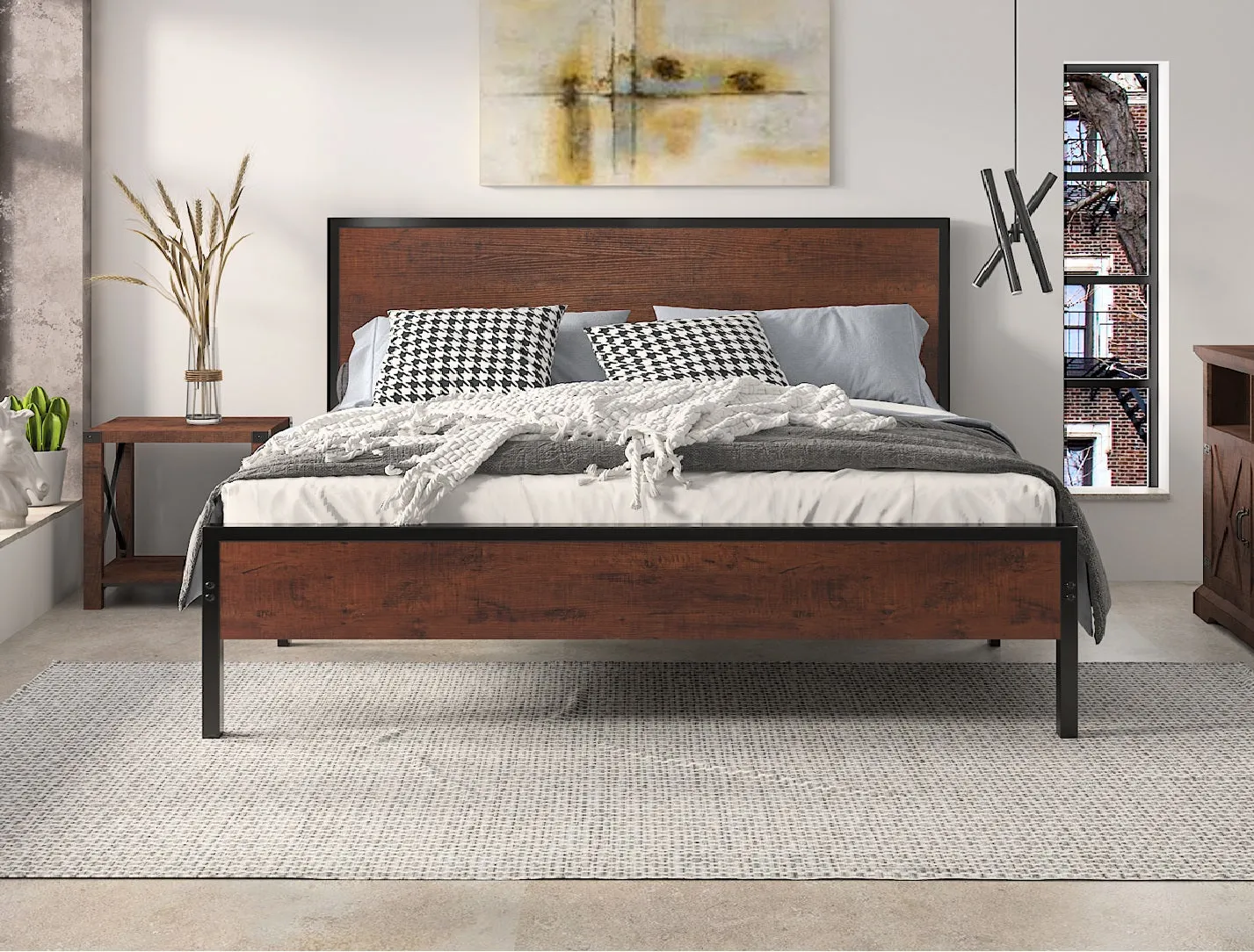 Metal Platform Bed Frame with Wood Headboard and Footboard