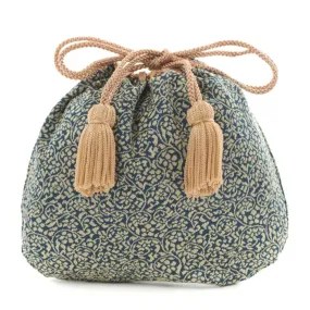 Nishijin-ori Small Drawstring Bag - Flower and Arabesque Pattern / Navy Blue -,  Made in Kyoto, Japan,  Japanese traditional craft purse