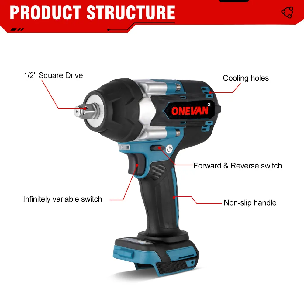 ONEVAN 1/2" Impact Wrench & 1/4" Screwdriver Brushless Cordless 2‑Pc. Combo Kit 6.0Ah