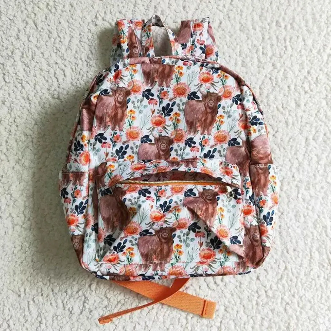 Orange Flowers Highland Cow Backpack