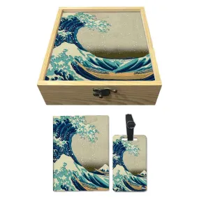 Passport Cover Luggage Tag Wooden Gift Box Set - Big wave