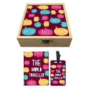 Passport Cover Luggage Tag Wooden Gift Box Set - World Traveller