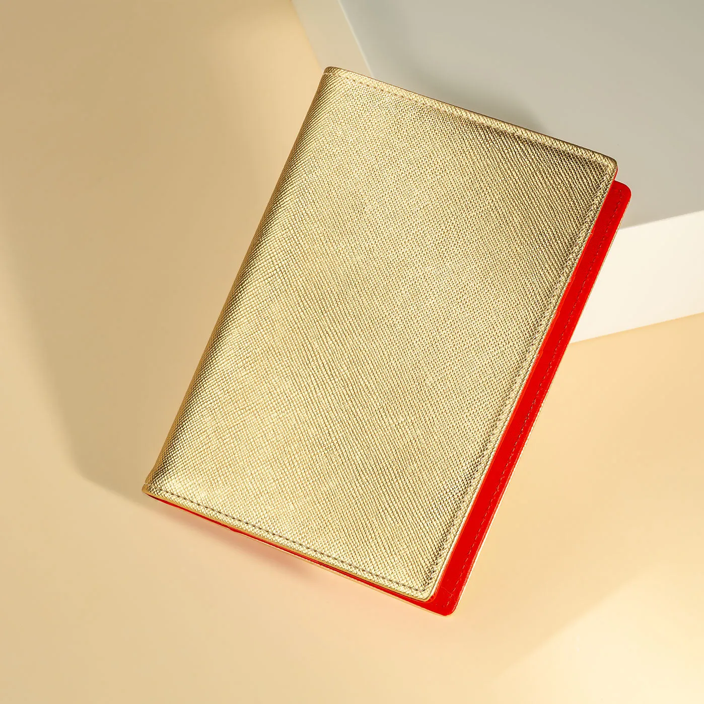 Passport Holder in Gold Saffiano and Red