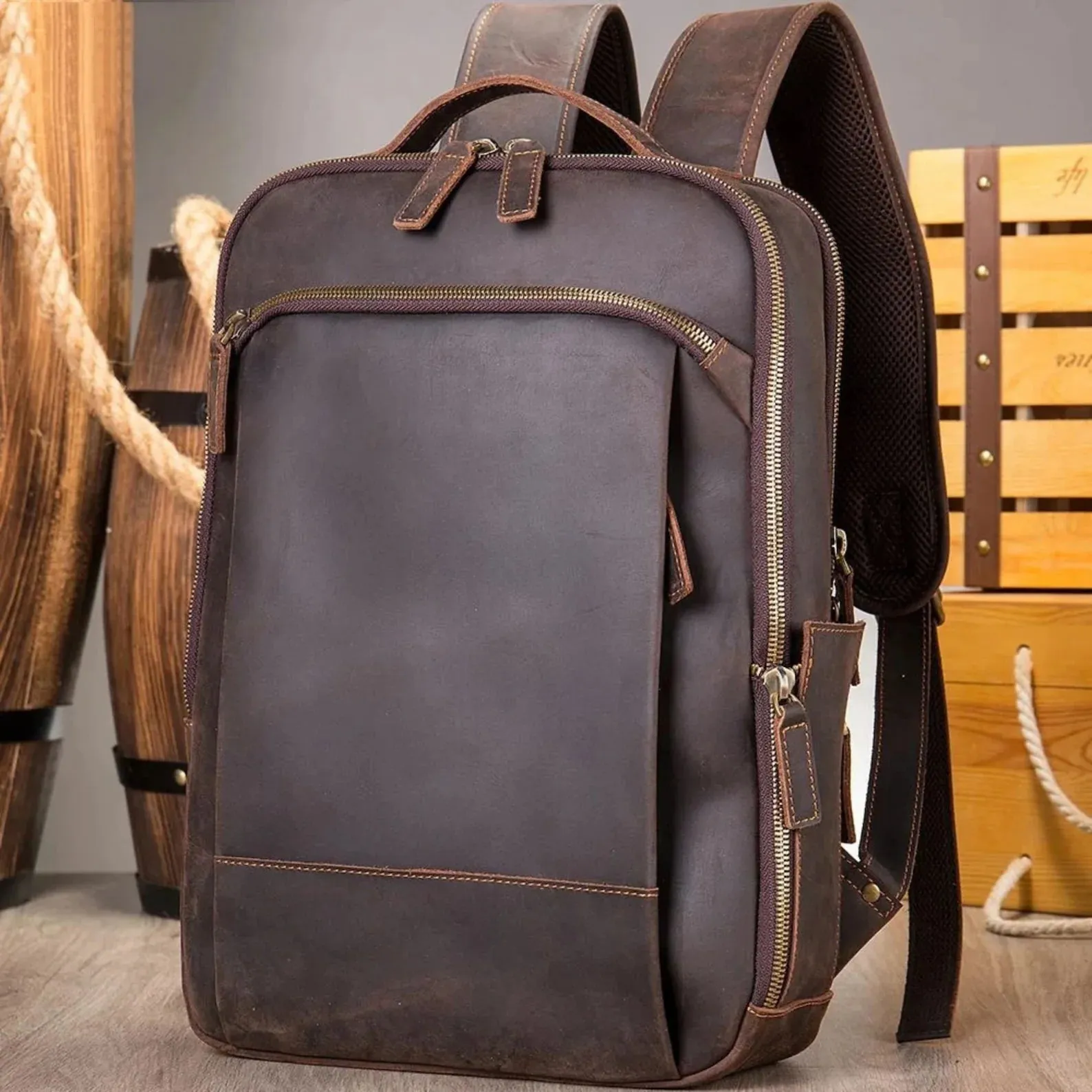 Personalized Leather Backpack 15.6‘’ Laptop Daypack Full Grain Leather School Backpack