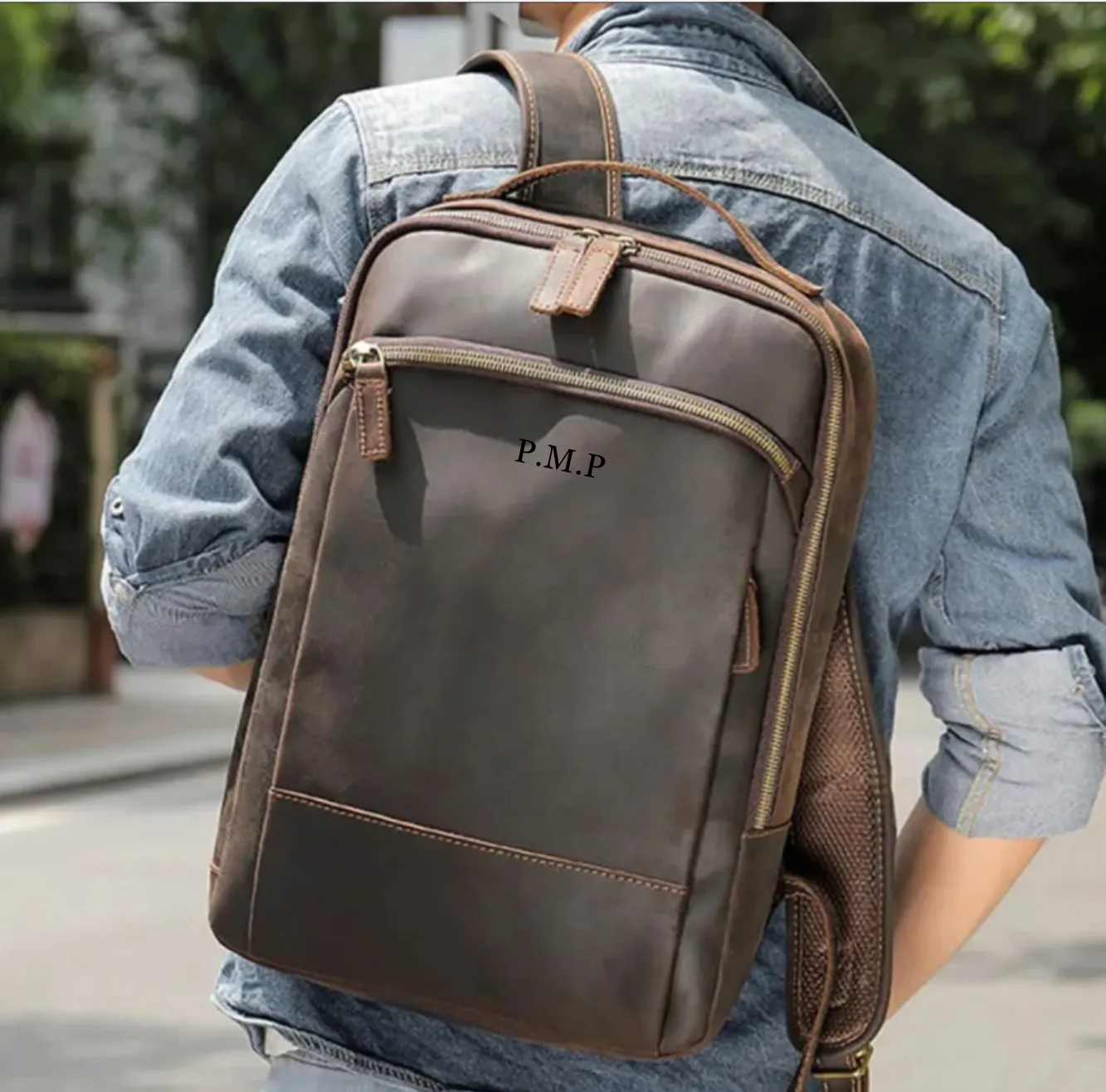 Personalized Leather Backpack 15.6‘’ Laptop Daypack Full Grain Leather School Backpack