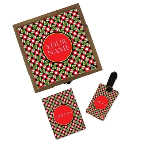 Personalized Passport Cover With Luggage Tag - Red & Green Plaid