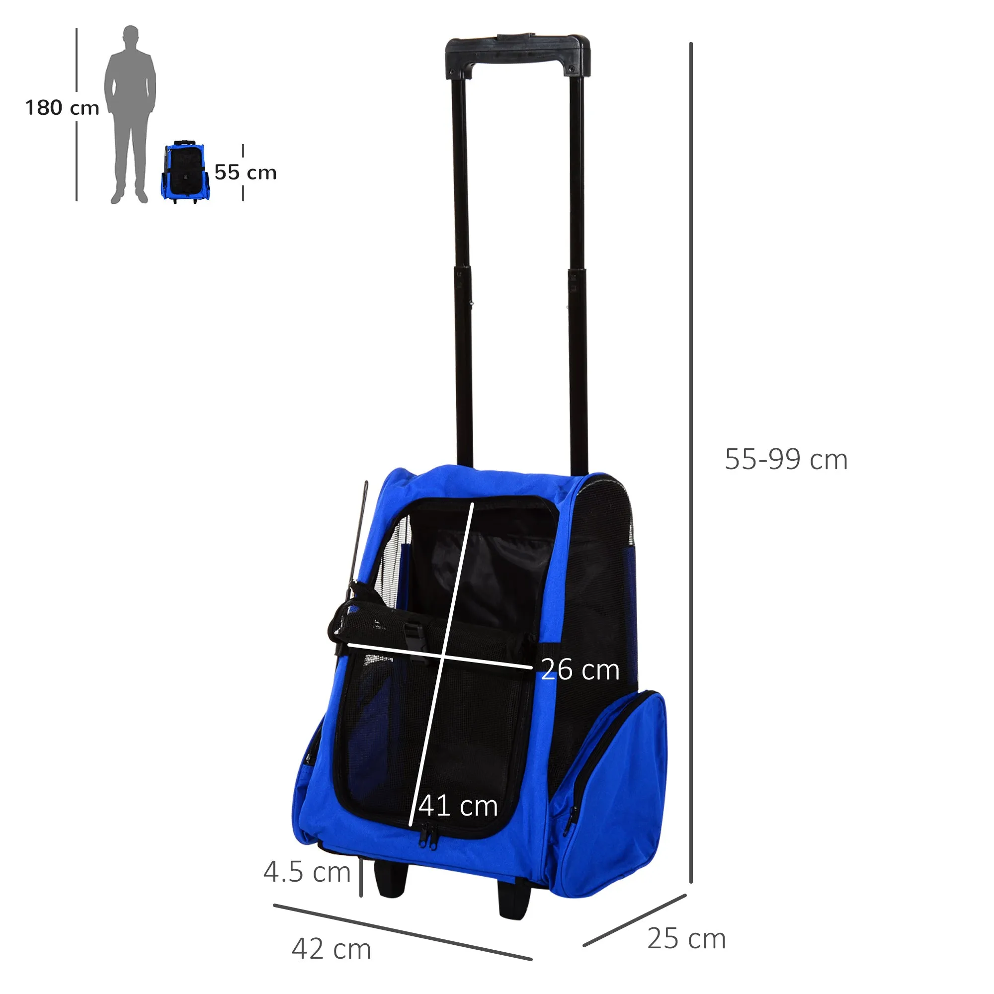 Pet Carrier Travel Backpack Bag Cat Carrier Puppy Dog Bag w/ Trolley, Telescopic Handle Portable Stroller Wheel, 42 x 25 x 55 cm, Blue