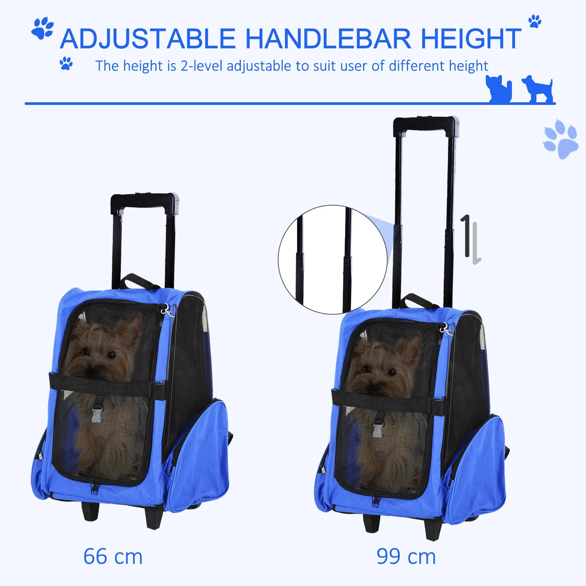 Pet Carrier Travel Backpack Bag Cat Carrier Puppy Dog Bag w/ Trolley, Telescopic Handle Portable Stroller Wheel, 42 x 25 x 55 cm, Blue