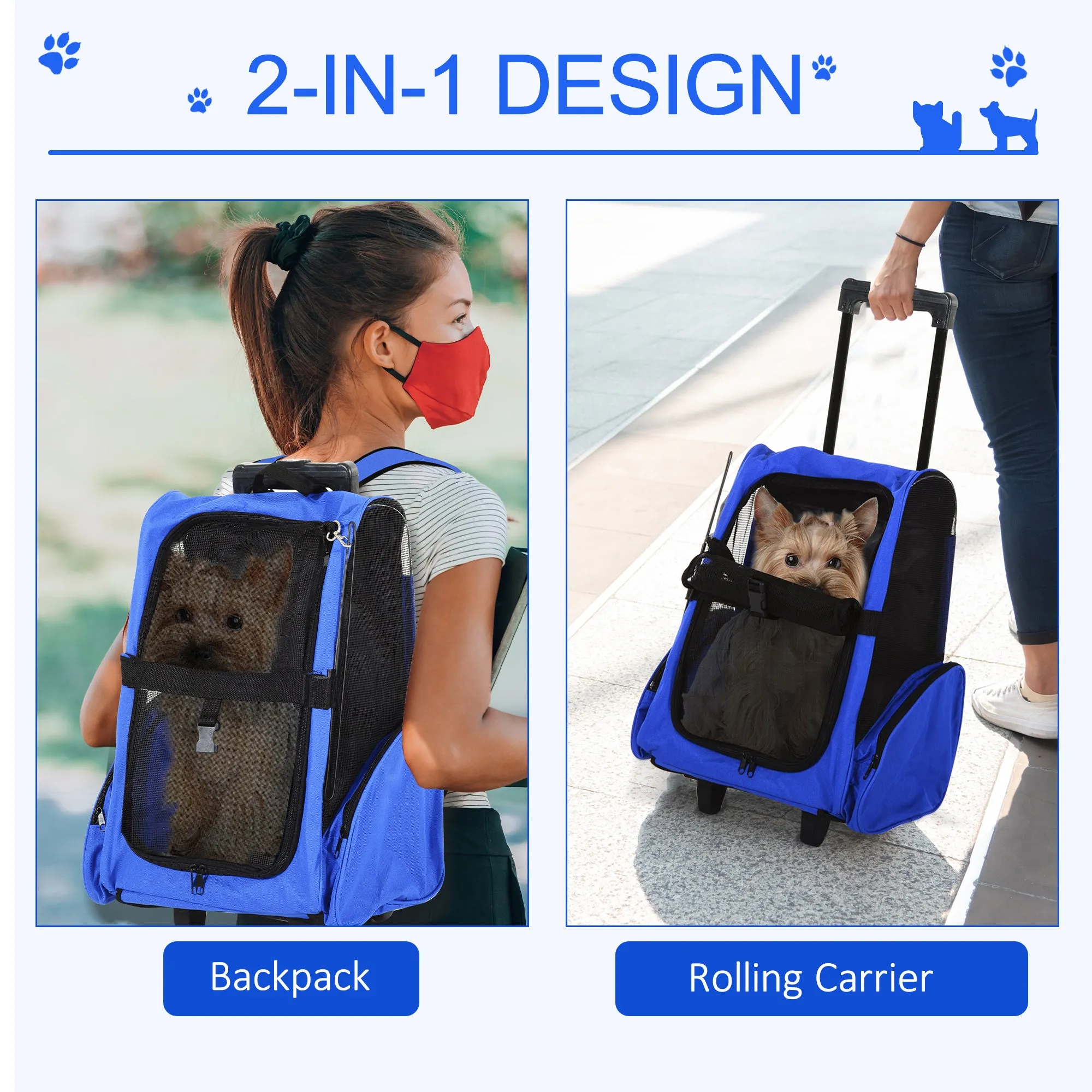 Pet Carrier Travel Backpack Bag Cat Carrier Puppy Dog Bag w/ Trolley, Telescopic Handle Portable Stroller Wheel, 42 x 25 x 55 cm, Blue