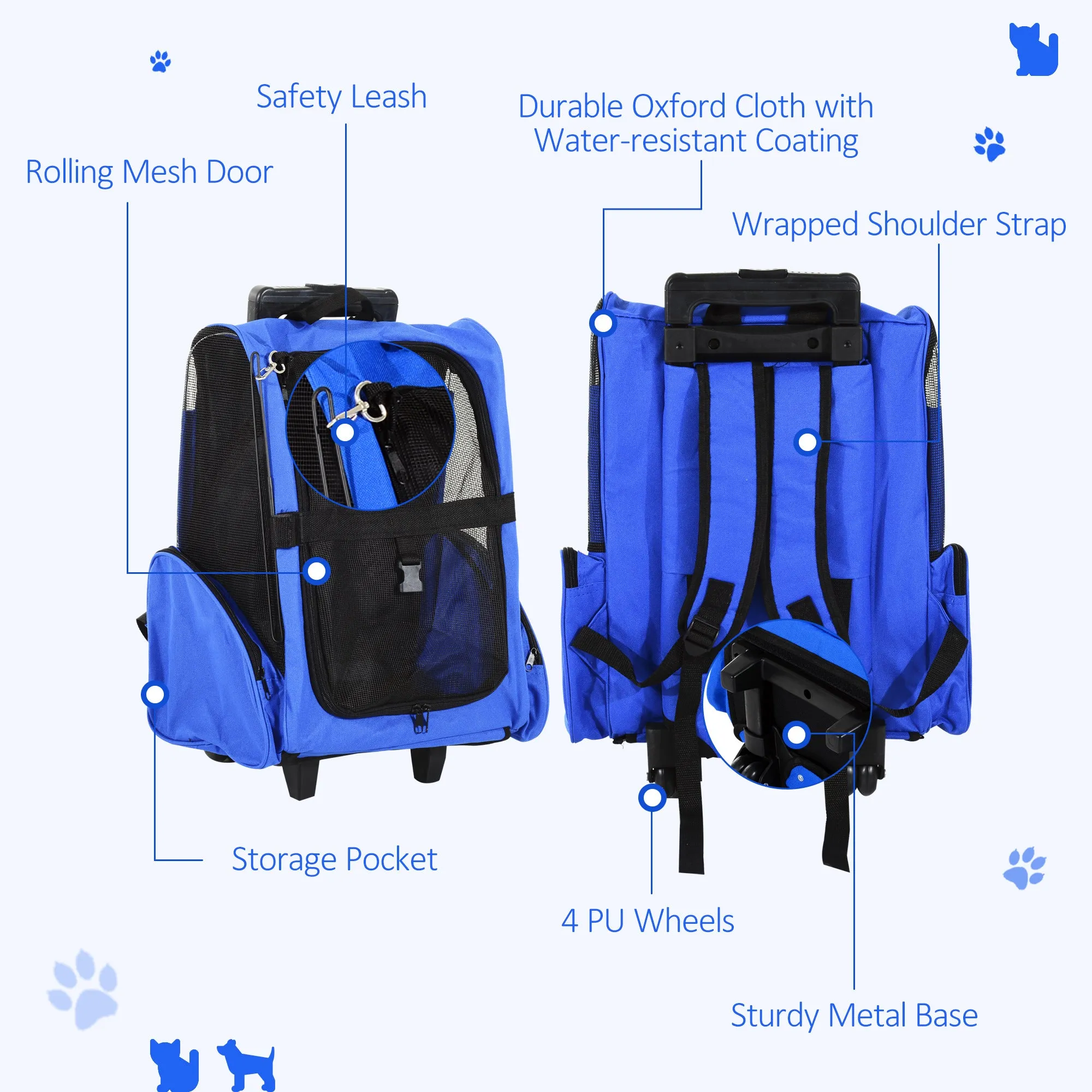 Pet Carrier Travel Backpack Bag Cat Carrier Puppy Dog Bag w/ Trolley, Telescopic Handle Portable Stroller Wheel, 42 x 25 x 55 cm, Blue