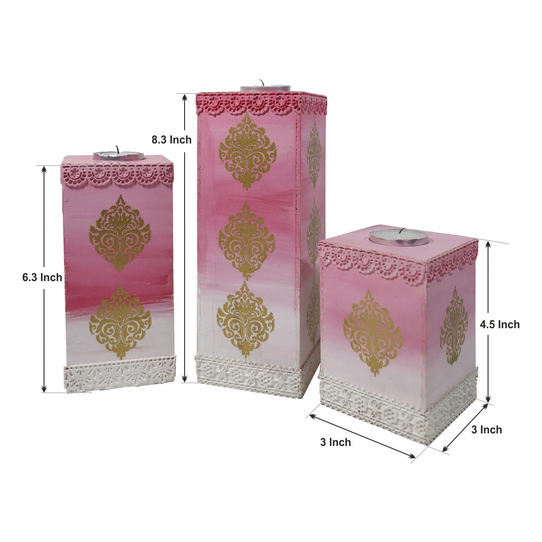 Pink & White' Tealight Candle Holder Pillar Set of 3