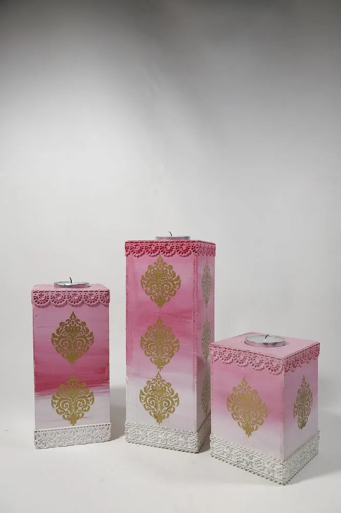 Pink & White' Tealight Candle Holder Pillar Set of 3