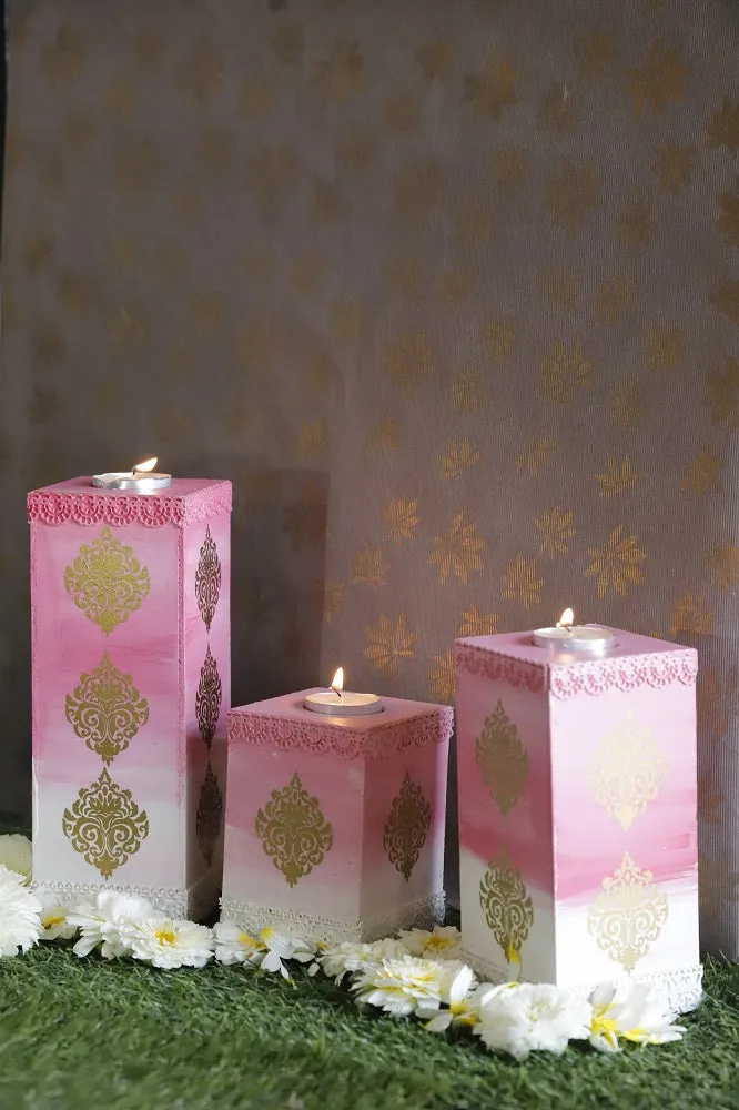 Pink & White' Tealight Candle Holder Pillar Set of 3