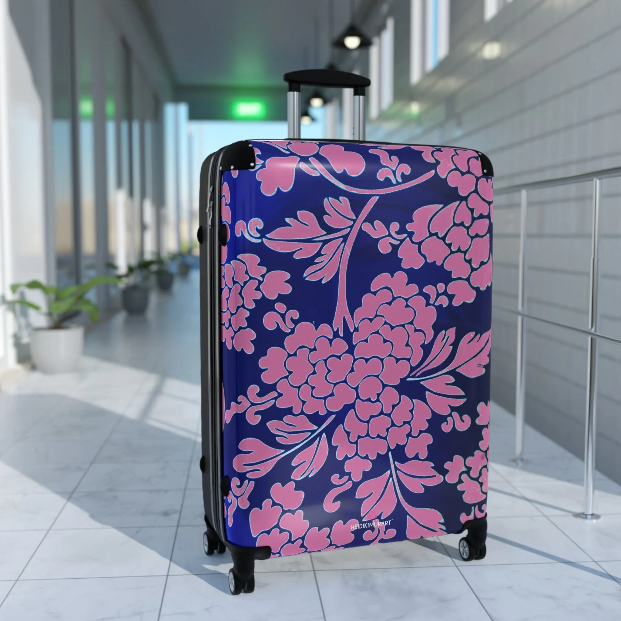 Pink Blue Floral Print Suitcase, Abstract Oriental Style Floral Print Designer Suitcases, Travel Bag Suitcases (Small, Medium, Large)