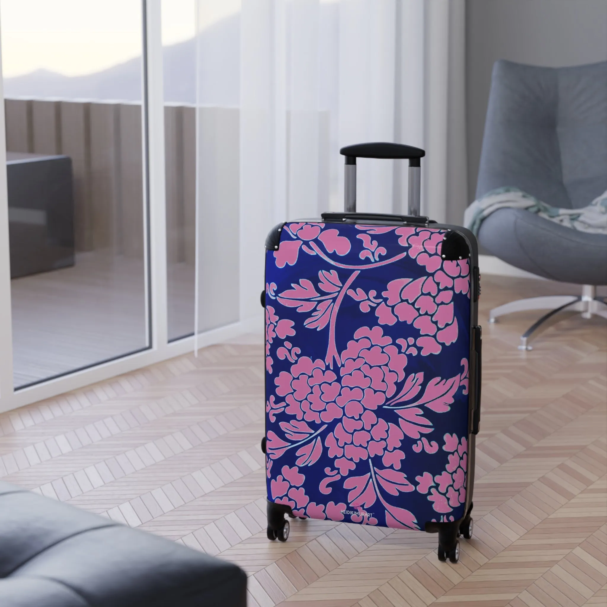 Pink Blue Floral Print Suitcase, Abstract Oriental Style Floral Print Designer Suitcases, Travel Bag Suitcases (Small, Medium, Large)