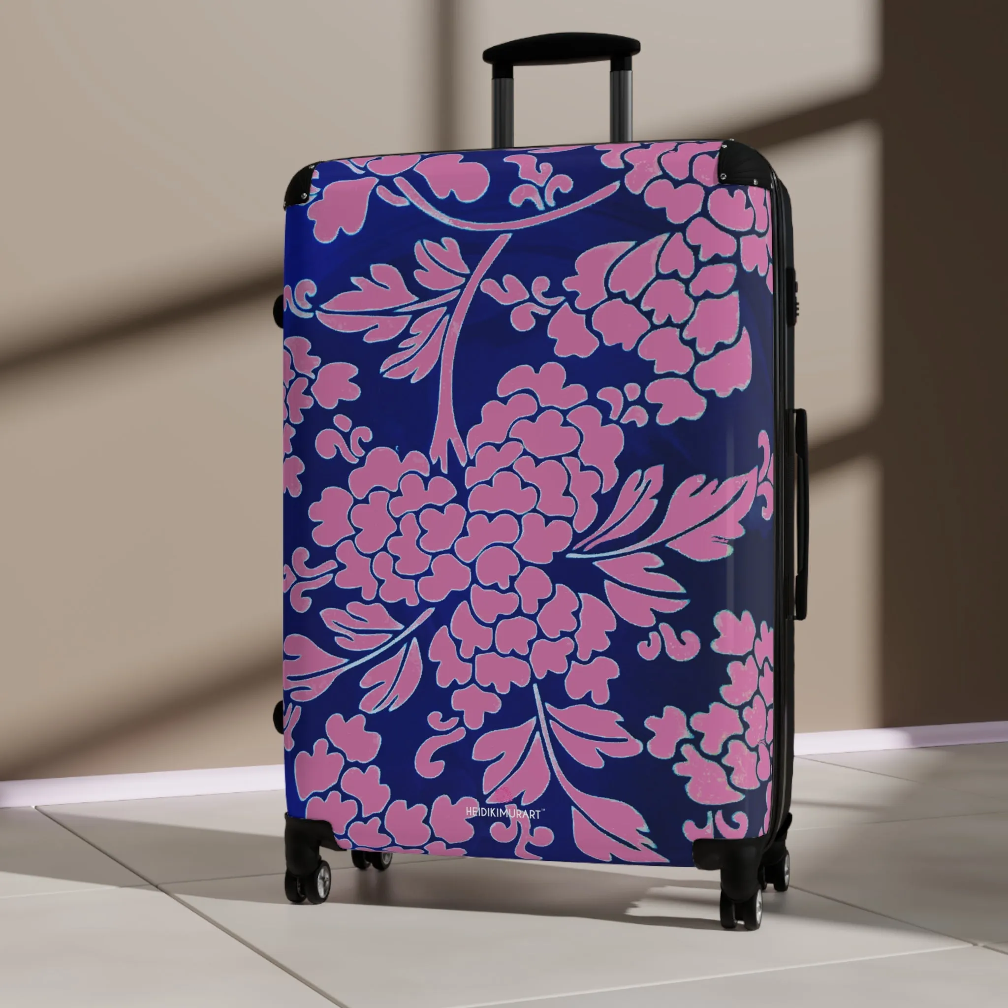 Pink Blue Floral Print Suitcase, Abstract Oriental Style Floral Print Designer Suitcases, Travel Bag Suitcases (Small, Medium, Large)