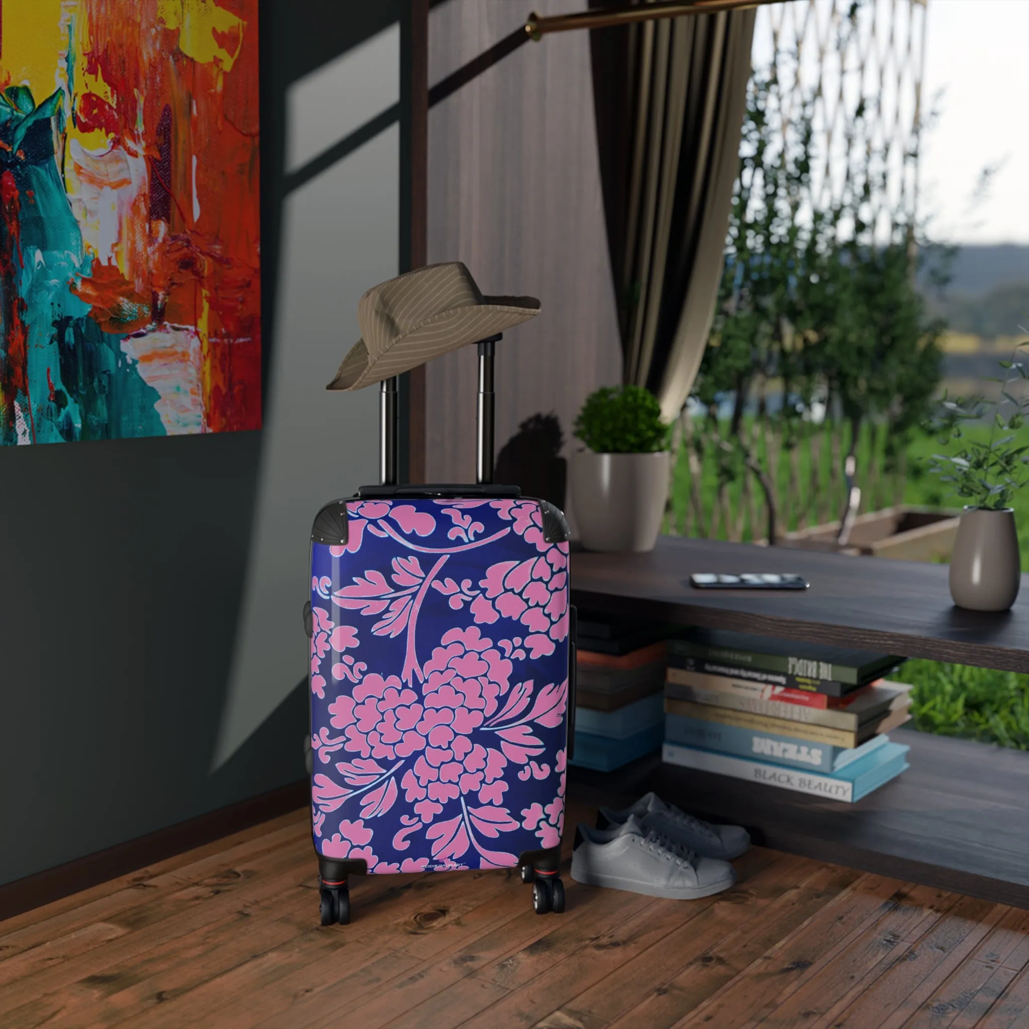 Pink Blue Floral Print Suitcase, Abstract Oriental Style Floral Print Designer Suitcases, Travel Bag Suitcases (Small, Medium, Large)