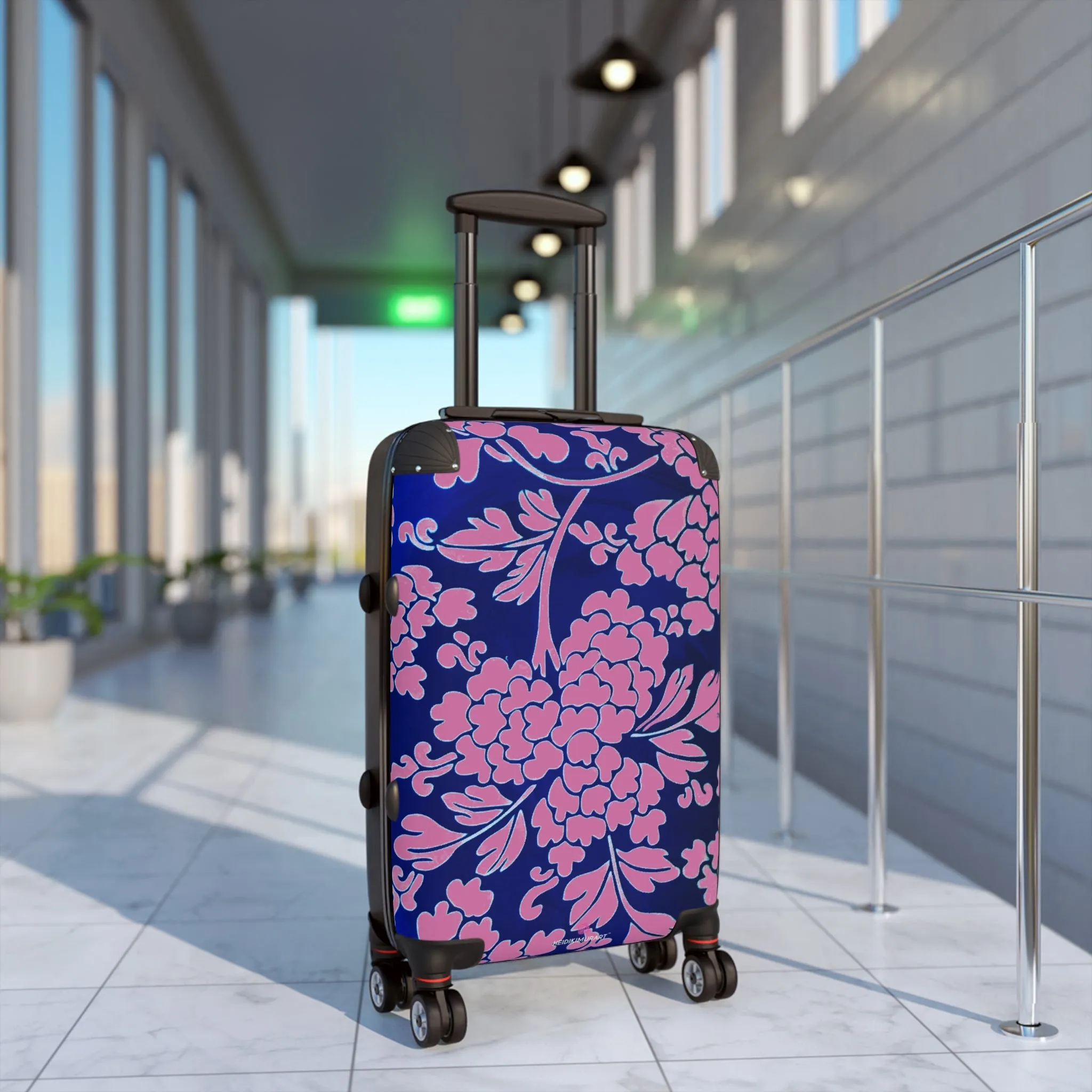 Pink Blue Floral Print Suitcase, Abstract Oriental Style Floral Print Designer Suitcases, Travel Bag Suitcases (Small, Medium, Large)