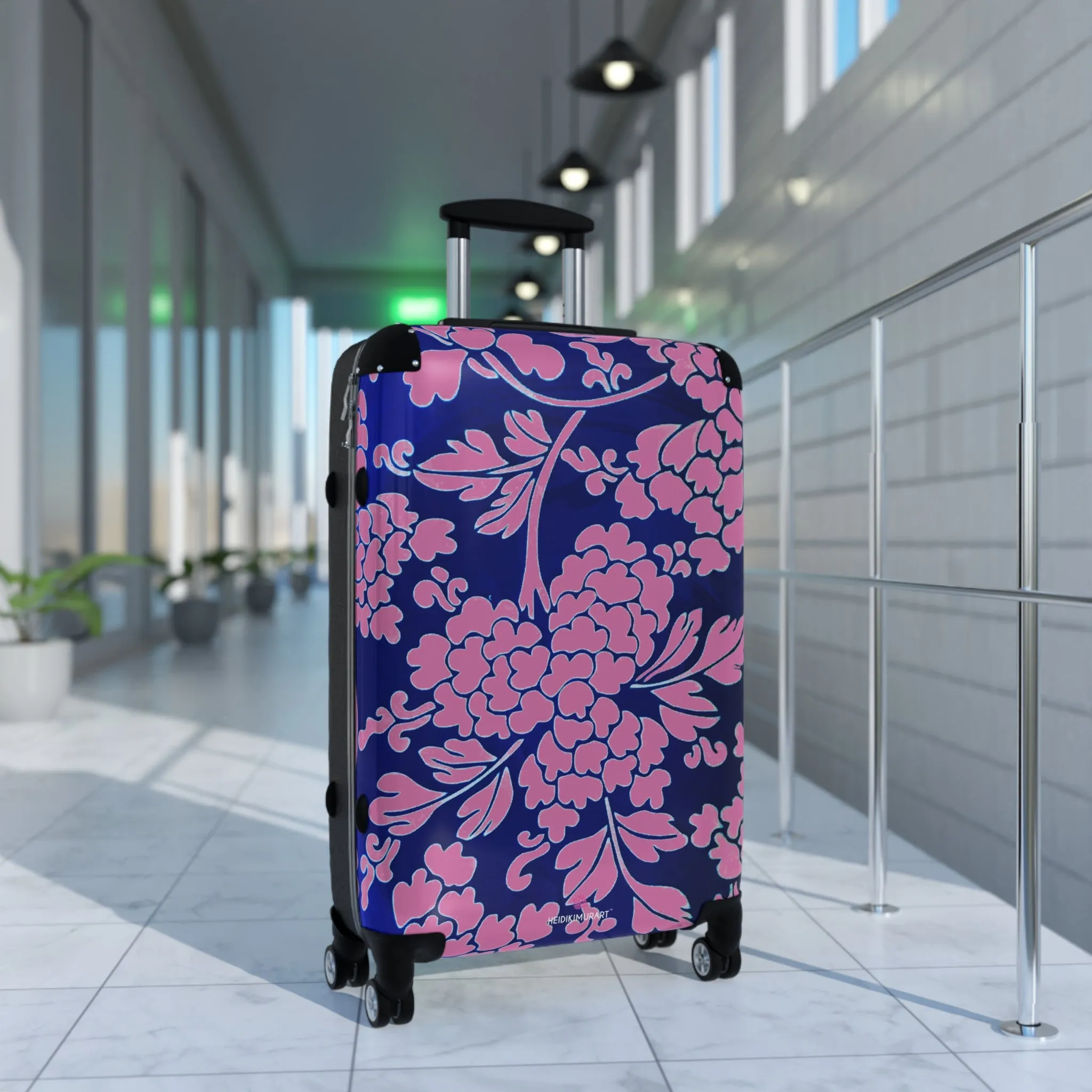 Pink Blue Floral Print Suitcase, Abstract Oriental Style Floral Print Designer Suitcases, Travel Bag Suitcases (Small, Medium, Large)