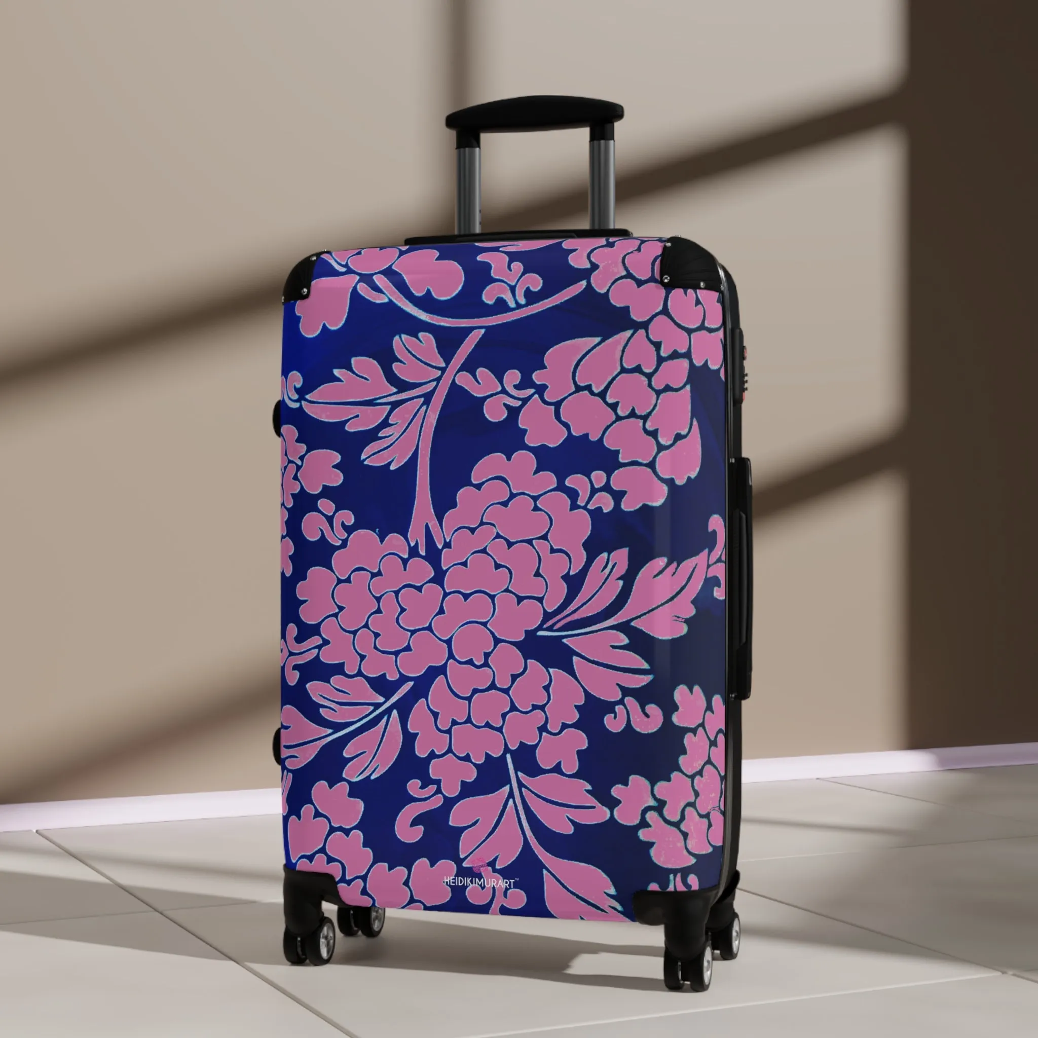 Pink Blue Floral Print Suitcase, Abstract Oriental Style Floral Print Designer Suitcases, Travel Bag Suitcases (Small, Medium, Large)