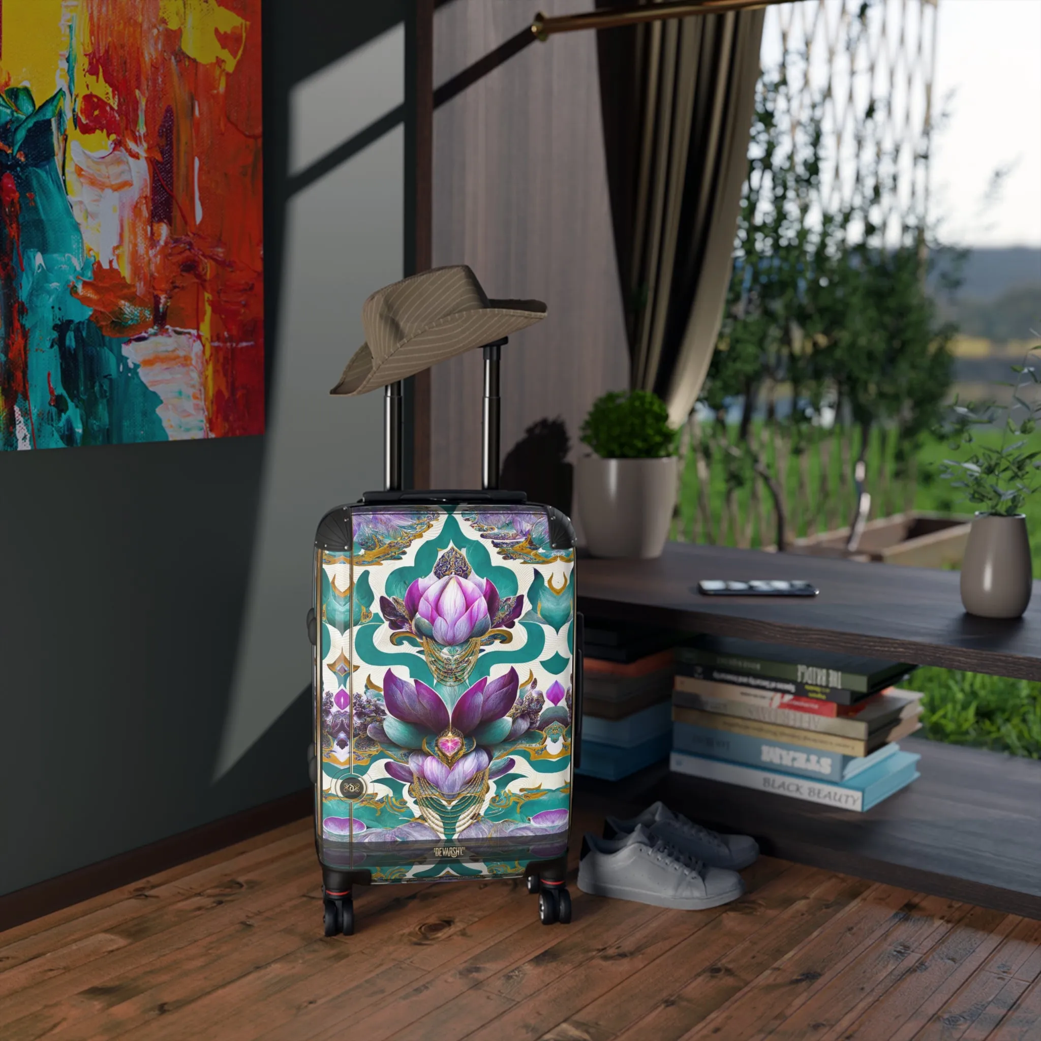 Pink Lotus Suitcase Carry-on Suitcase Floral Travel Luggage Turquoise Hard Shell Suitcase in 3 Sizes - D20159