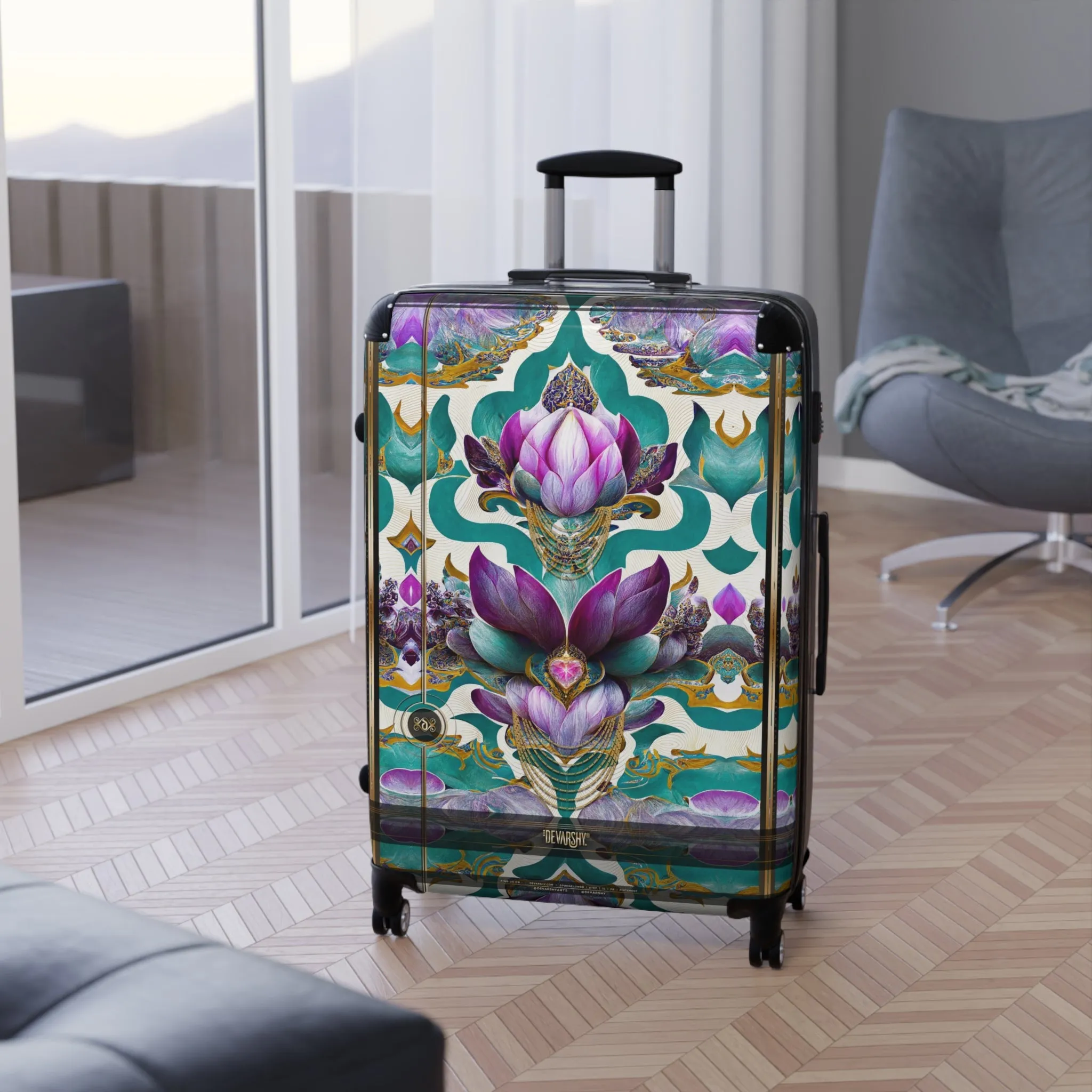 Pink Lotus Suitcase Carry-on Suitcase Floral Travel Luggage Turquoise Hard Shell Suitcase in 3 Sizes - D20159