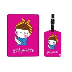 Pink Passport Holder Cover Travel Case with Single Baggage Tag - Girl Power