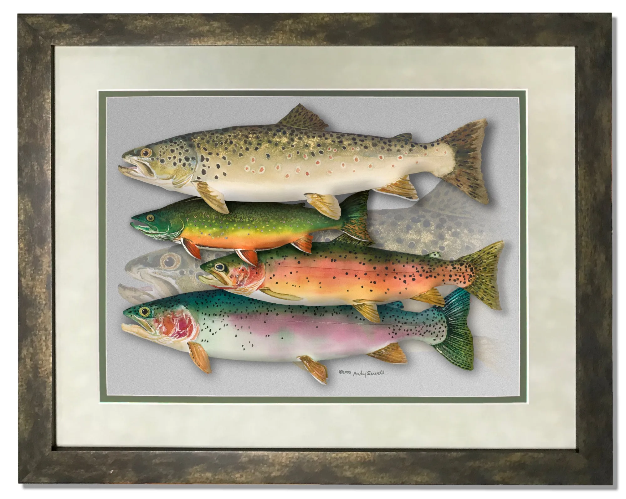 "School Colors" - Ltd. Ed. (400) paper/canvas Giclée art print of a watercolor of the grand slam of trout!