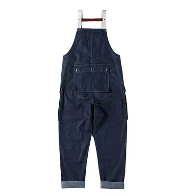 Redtornado-Mens retro American workwear denim backpack pants loose suspenders work pants pants 12OZ original cow jeans