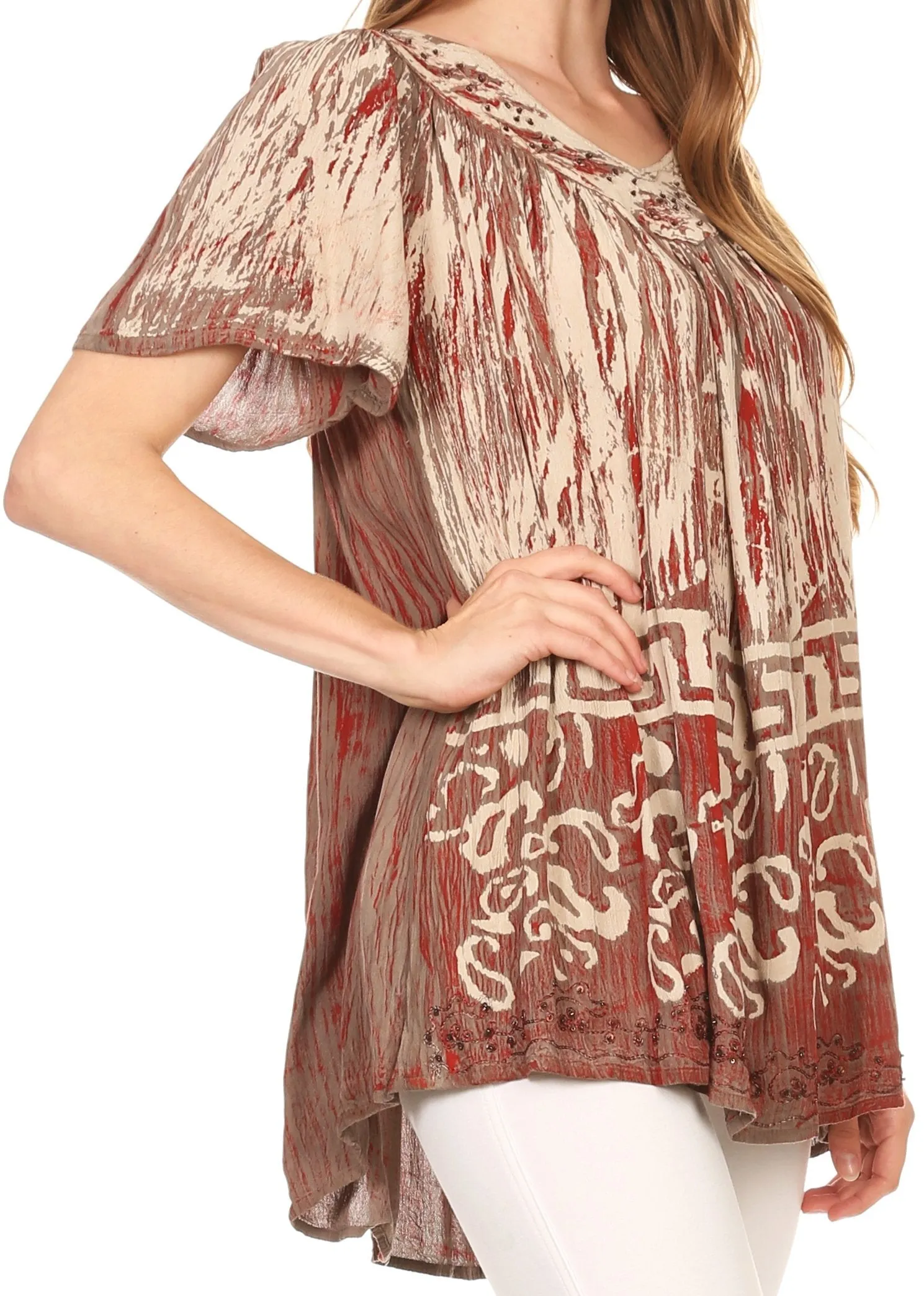 Sakkas Audry Flutter Sleeve V-Neck Batik Top with Sequins and Embroidery