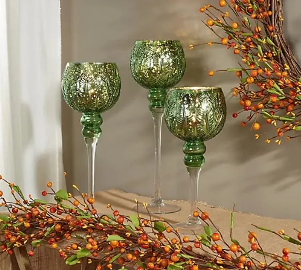 Set of 3 Illuminated Glass Goblets w/ Leaf Pattern by Valerie Sage,