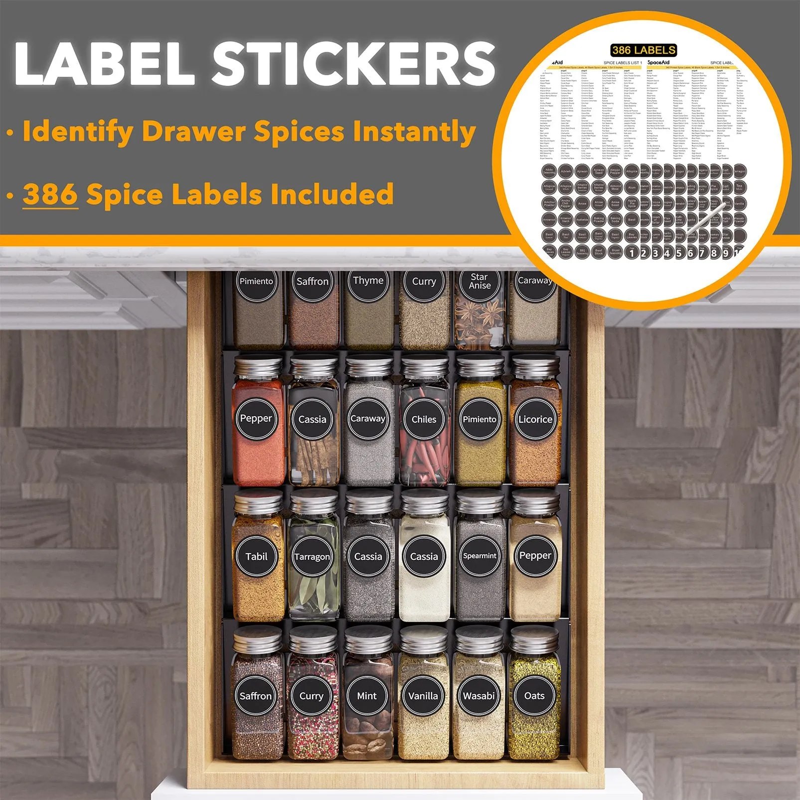 SpaceAid In Drawer Spice Organizer with 24 Spice Bottles, 11.25" Wide x 17.5" Deep