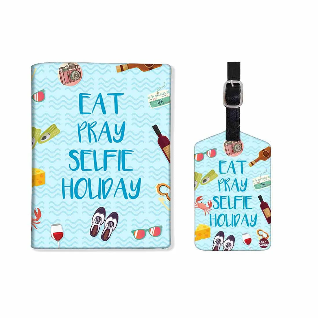 Stylish Passport Holder Travel Case With Luggage Tag Set - Eat Pray Selfie Holiday